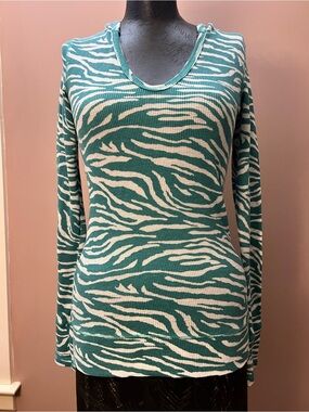 2010’s Curious Gypsy Teal Zebra Print Thermal Long Sleeve w/ Hood Size S Y2K